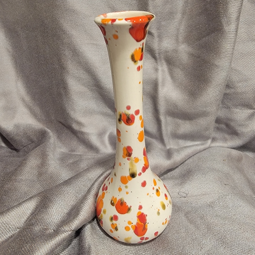Decorative White Ceramic Bud Vase with Orange and Pink Splatter